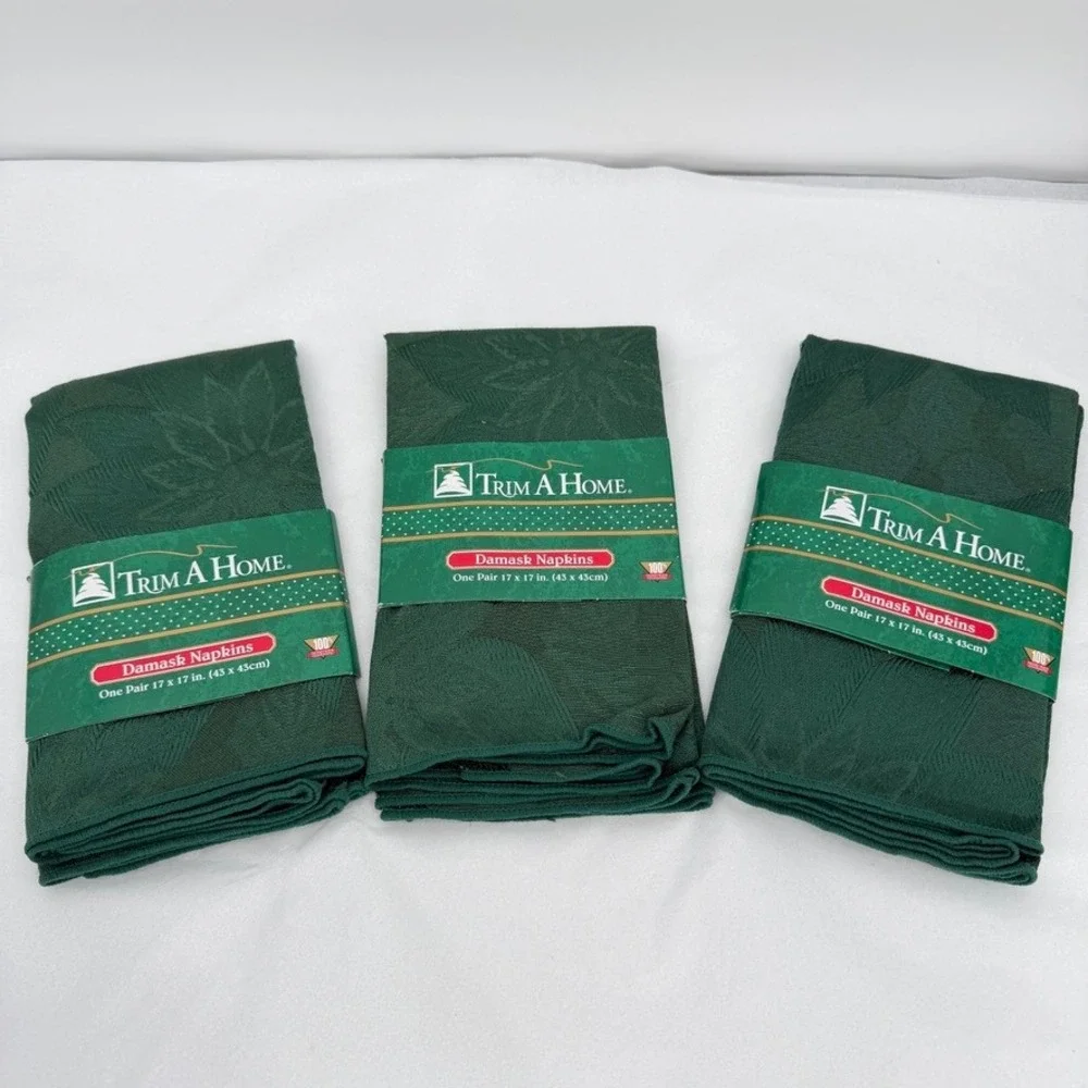 Trim A Home Damask Napkins Green Poinsettia Floral Holiday Dining NEW 3 Pairs